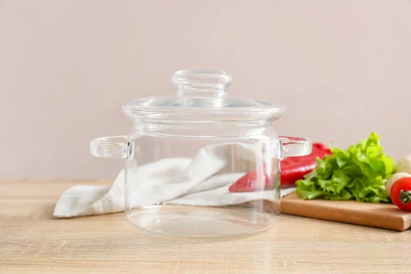 Stylish Cooking Pot Vegetables Light Wooden Background — Stock Photo, Image