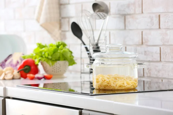 Stylish Cooking Pot Pasta Stove Brick Wall — Stock Photo, Image