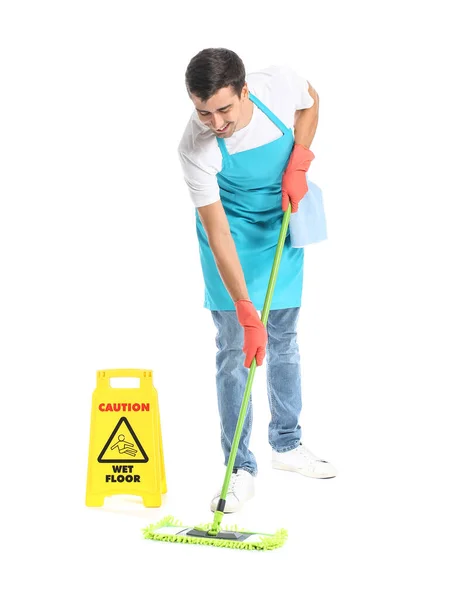 Young Man Floor Mop Caution Sign White Background — Stockfoto