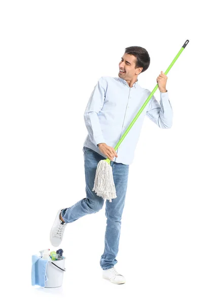 Young Man Cleaning Supplies White Background — Stock Photo, Image