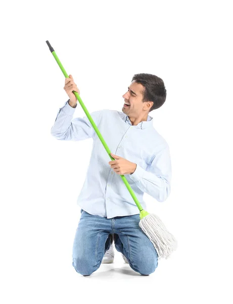 Young Man Floor Mop White Background — Stockfoto