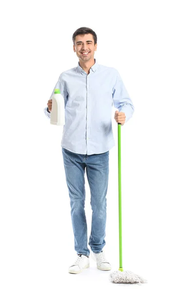 Young Man Floor Mop Detergent White Background — Zdjęcie stockowe