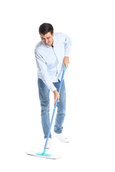 Young Man Floor Mop White Background — Stockfoto