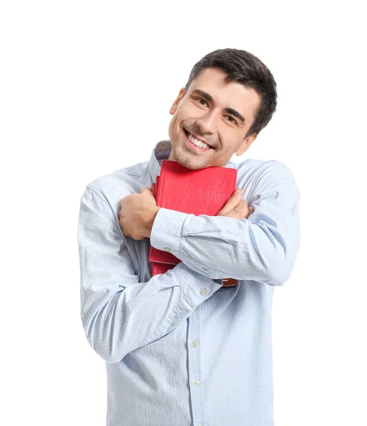 Young Man Hugging Books White Background — Stok fotoğraf