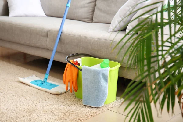 Set Cleaning Supplies Living Room — Stok fotoğraf