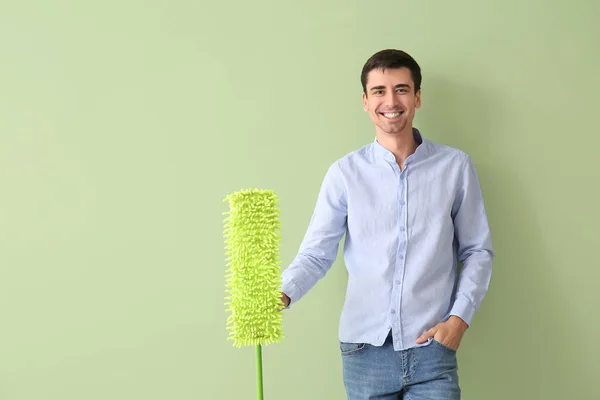 Young Man Floor Mop Color Background — Stock Photo, Image