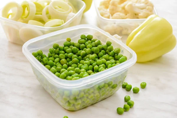 Plastic Containers Vegetables Light Background Closeup — Stock Photo, Image