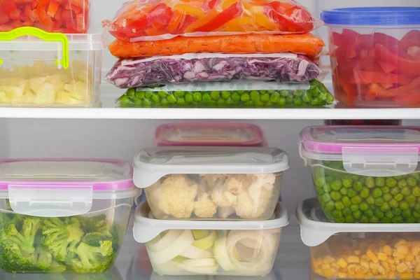 Containers Plastic Bags Vegetables Refrigerator Closeup — Stock Photo, Image