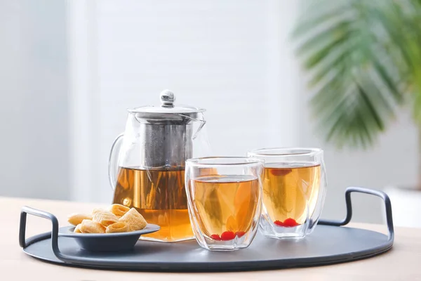 Teapot Glasses Hot Tea Cookies Table Kitchen — Stock Photo, Image