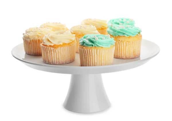 Suporte Sobremesa Com Cupcakes Saborosos Fundo Branco — Fotografia de Stock