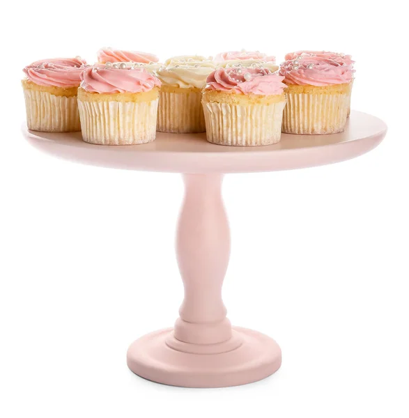 Dessert Stand Tasty Cupcakes White Background — Stock Photo, Image