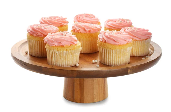 Dessert Stand Tasty Cupcakes White Background — Stock Photo, Image
