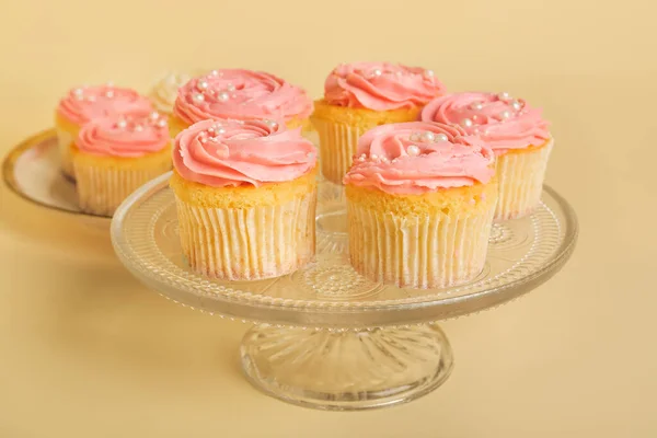 Dessert Stand Tasty Cupcakes Color Background Closeup — Stock Photo, Image