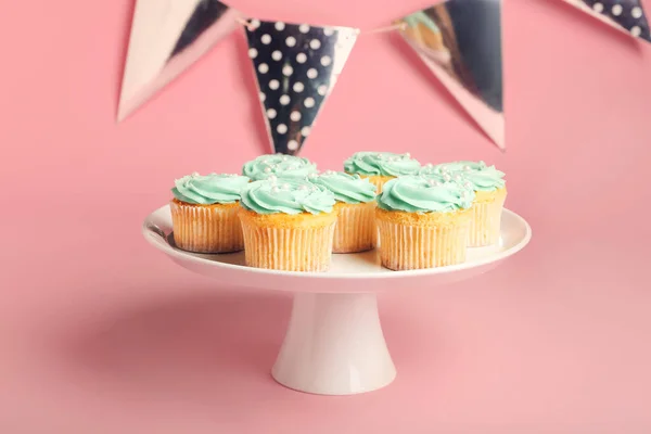 Dessert Stand Tasty Birthday Cupcakes Color Background — Stock Photo, Image