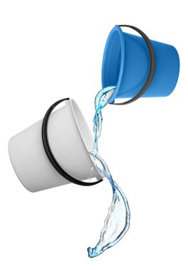 Flying plastic buckets with pouring water on white background
