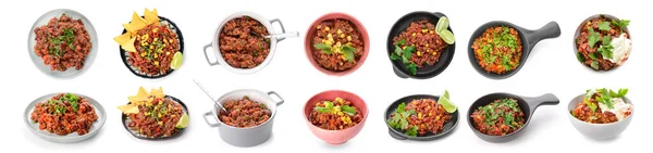 Set Von Leckeren Chili Con Carne Auf Weißem Hintergrund — Stockfoto