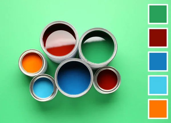 Cans Paints Green Background Different Color Patterns — ストック写真