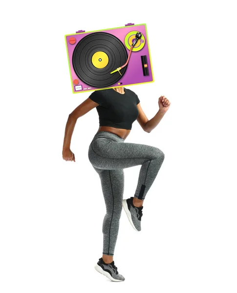 Sporty Woman Vinyl Record Player Instead Head White Background — Stock Photo, Image