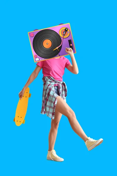 Stylish Woman Vinyl Record Player Instead Head Color Background — Stok fotoğraf