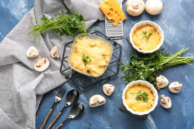 Composition with tasty julienne and ingredients on color background