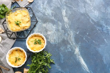 Composition with tasty julienne and ingredients on color background