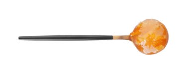 Spoon with tasty jam on white background