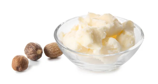 Bowl Shea Butter Nuts White Background — Stock Photo, Image