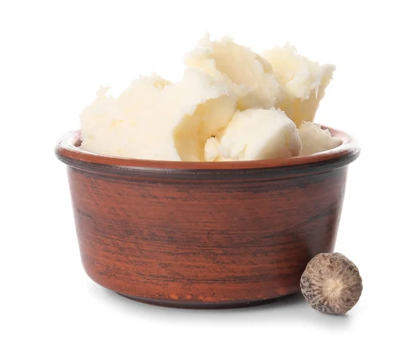 Miska Masłem Shea Białym Tle — Zdjęcie stockowe