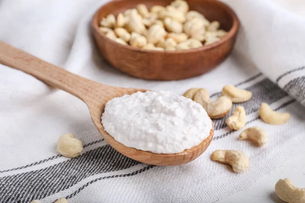 Spoon Sour Cream Cashew Nuts Light Background Closeup — Stock Fotó