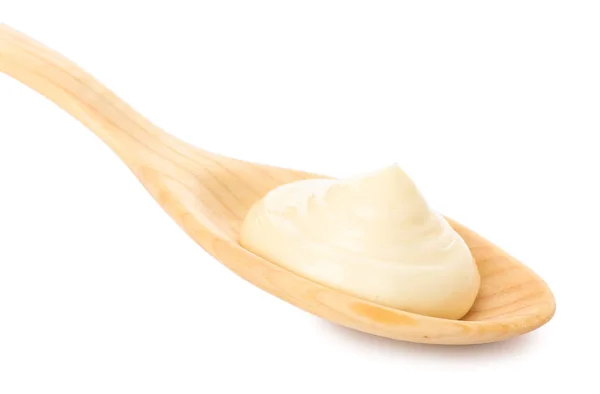 Löffel Mit Leckerer Mayonnaise Auf Weißem Hintergrund — Stockfoto
