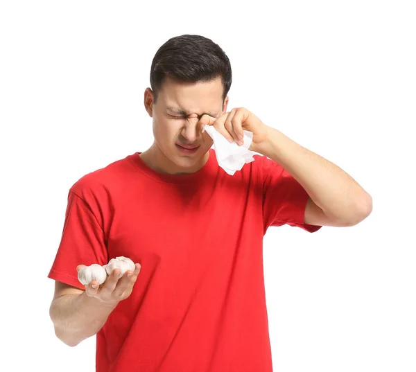 Hombre Joven Con Alergia Alimentaria Sobre Fondo Blanco — Foto de Stock
