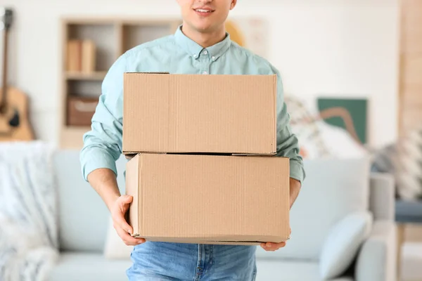 Young Man Parcel Boxes Home — Stok fotoğraf