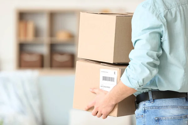 Young Man Parcel Boxes Home — Stok fotoğraf