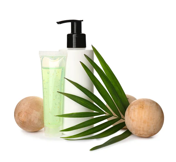 Cosmetic Products Massage Balls Palm Leaf White Background — ストック写真