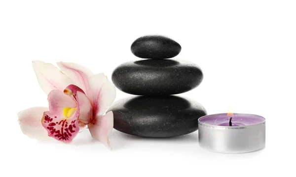 Composition Spa Stones Burning Candle Flower White Background — Stock Photo, Image