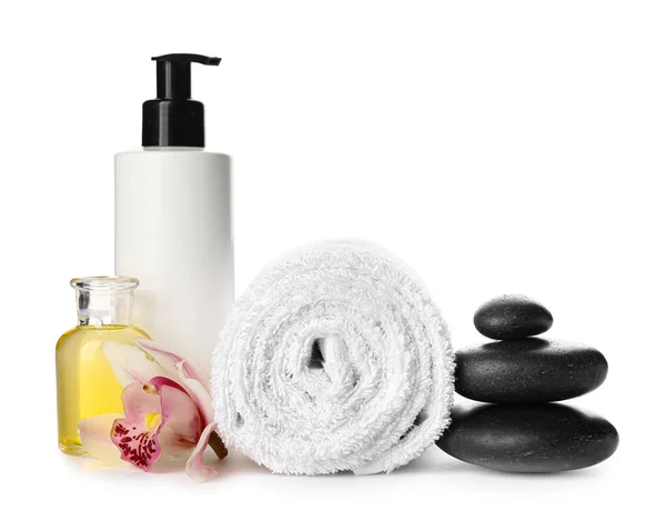 Composition Cosmetic Products Towel Spa Stones White Background — Stockfoto