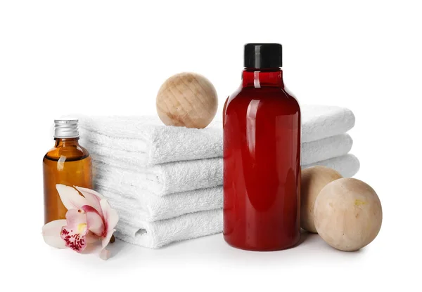 Stack Clean Towels Bottles Cosmetic Products Massage Balls White Background — Fotografia de Stock