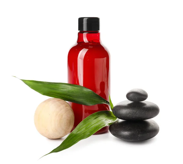 Composition Bottle Cosmetic Product Spa Stones Massage Ball White Background — Stock Photo, Image