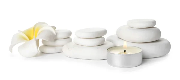 Spa Stones Burning Candle Flower White Background — Zdjęcie stockowe