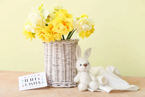 Beautiful Narcissus Flowers Toy Card Text Happy Easter Color Background — Stock Fotó