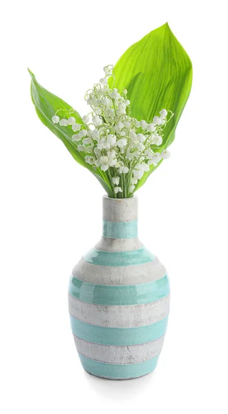 Vase Beautiful Lily Valley Flowers White Background — Stock Photo, Image