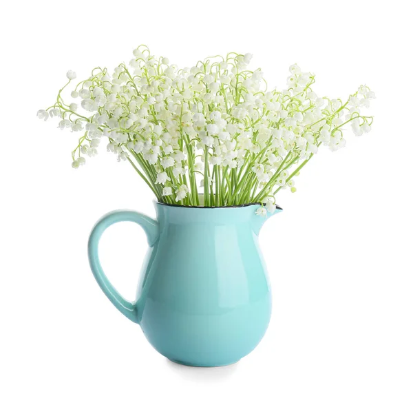 Jug Beautiful Lily Valley Flowers White Background — Stock Photo, Image