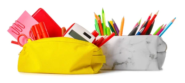 Bolígrafos Con Papelería Sobre Fondo Blanco —  Fotos de Stock