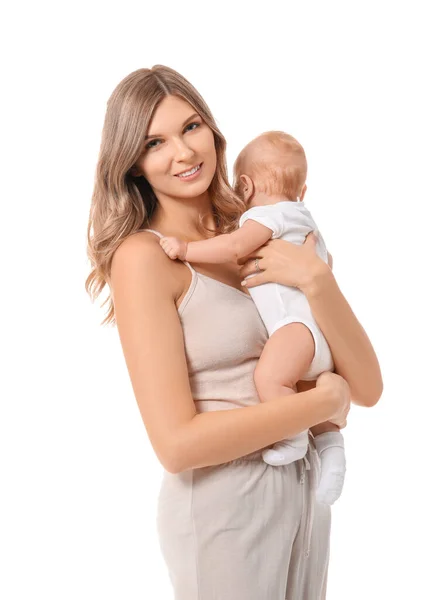 Beyaz Arka Planda Küçük Şirin Bir Bebeği Olan Mutlu Bir — Stok fotoğraf