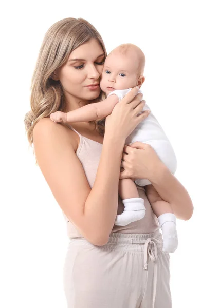 Madre Feliz Con Lindo Bebé Sobre Fondo Blanco — Foto de Stock