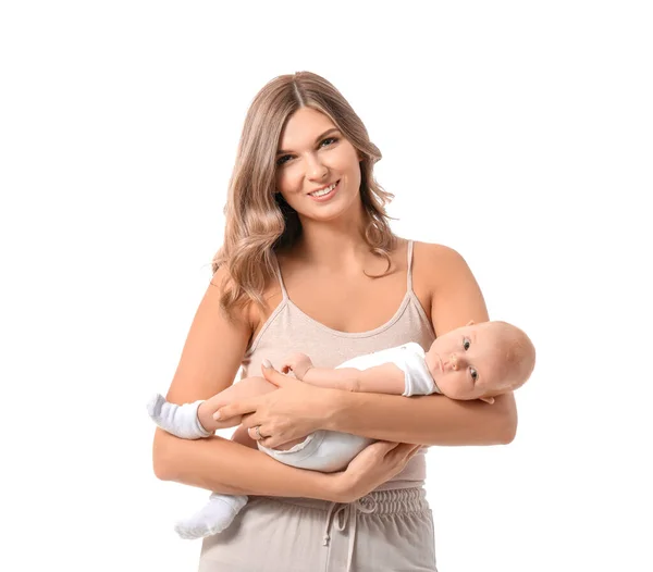 Szczęśliwa Matka Cute Little Baby Białym Tle — Zdjęcie stockowe