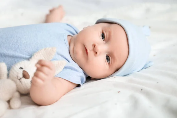 Cute Little Baby Lying Bed Home Closeup — Stock Photo, Image