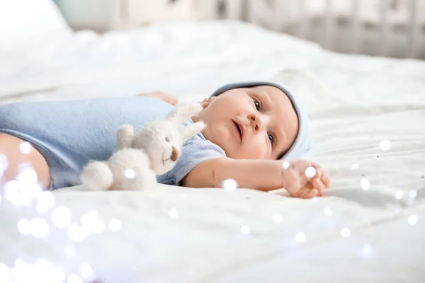 Cute Little Baby Lying Bed Home — Stock Photo, Image