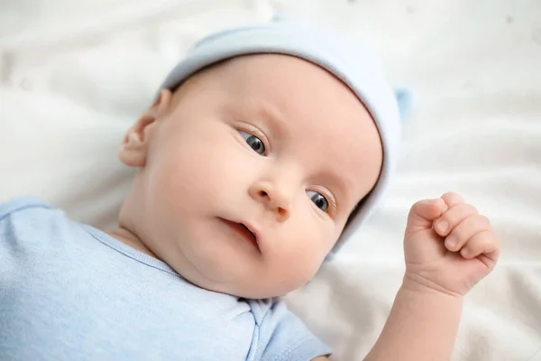 Cute Little Baby Lying Bed Home Closeup — Stock Photo, Image