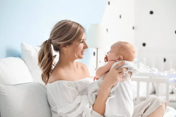 Happy Mother Cute Little Baby Bed Home — Stock Photo, Image